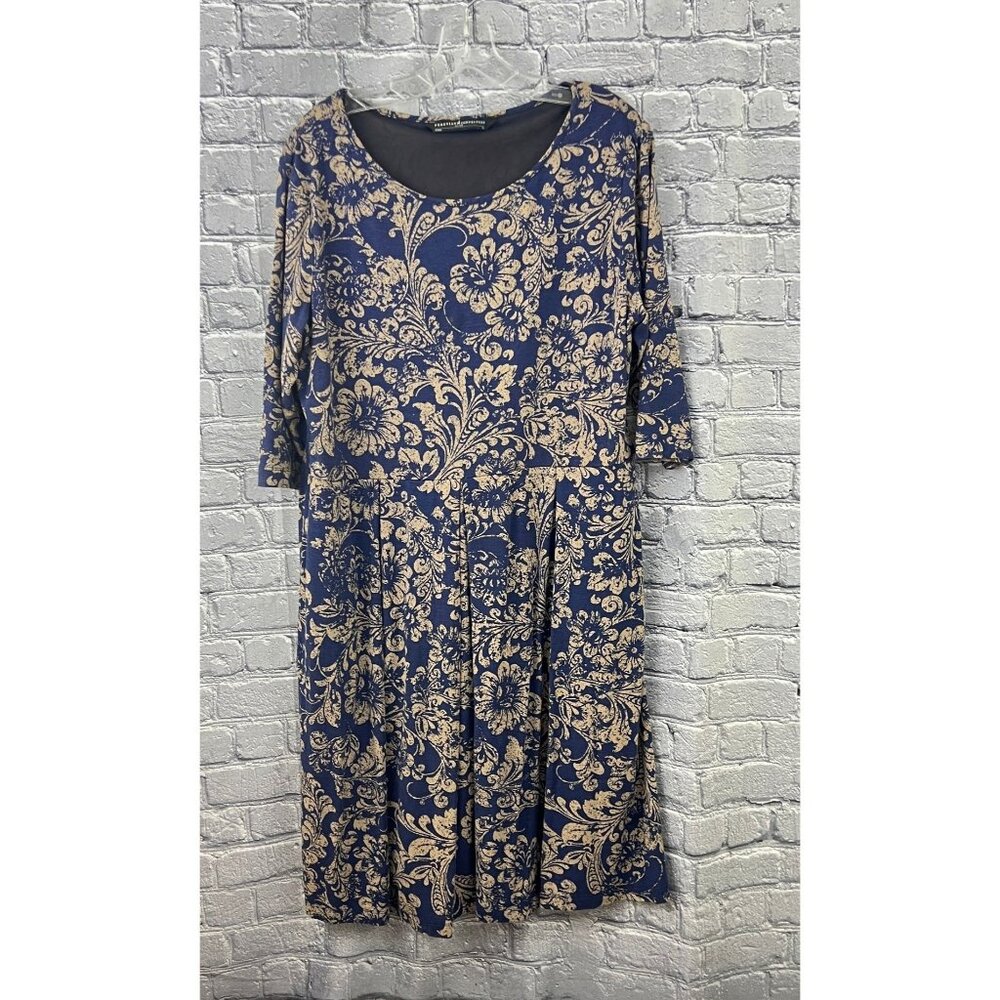 Peruvian Connection Blue Floral Damask Print Midi Dress Pleated Skirt Size XL